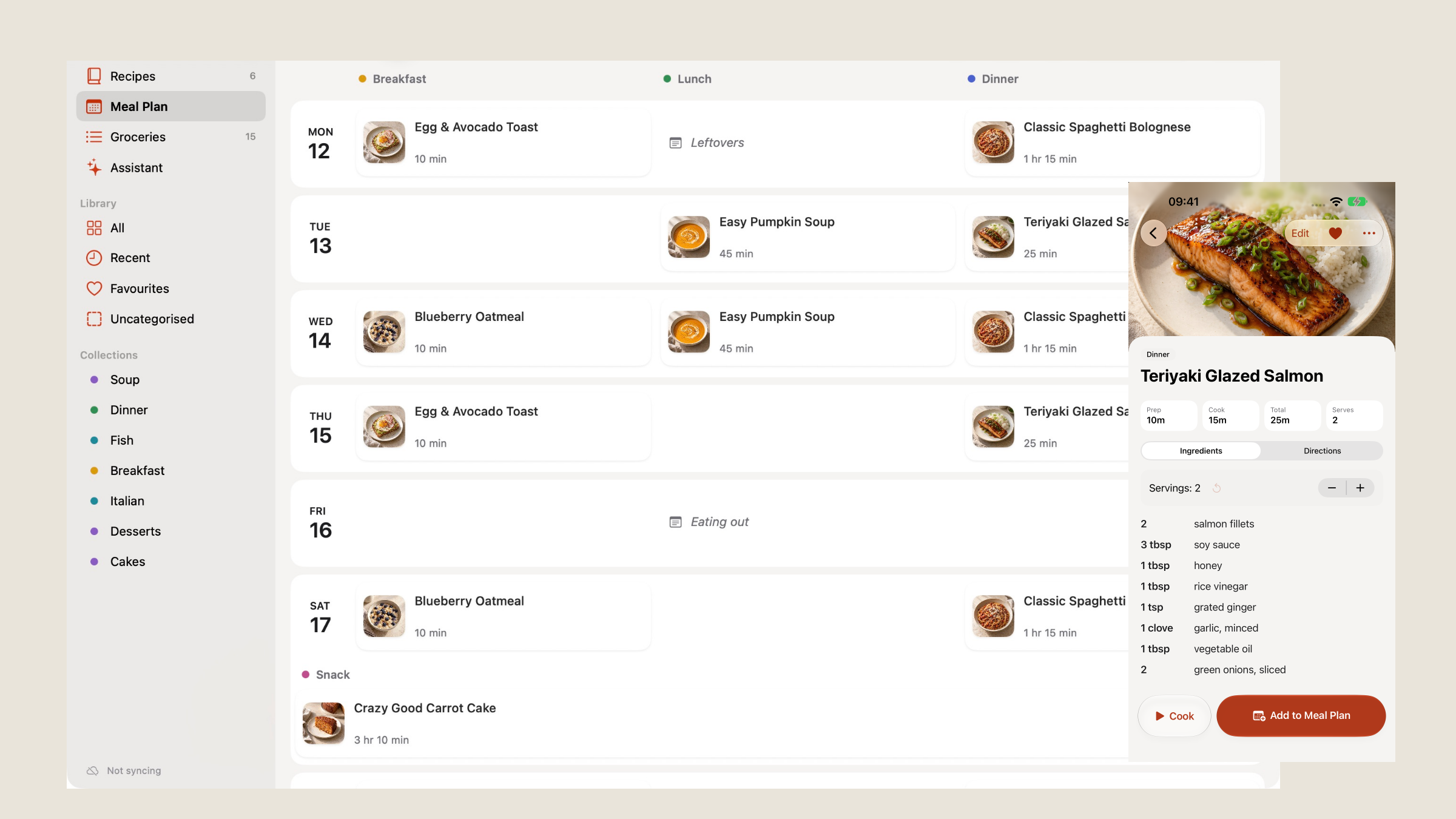 Cayenne's meal planner on Mac beside a recipe on iPhone