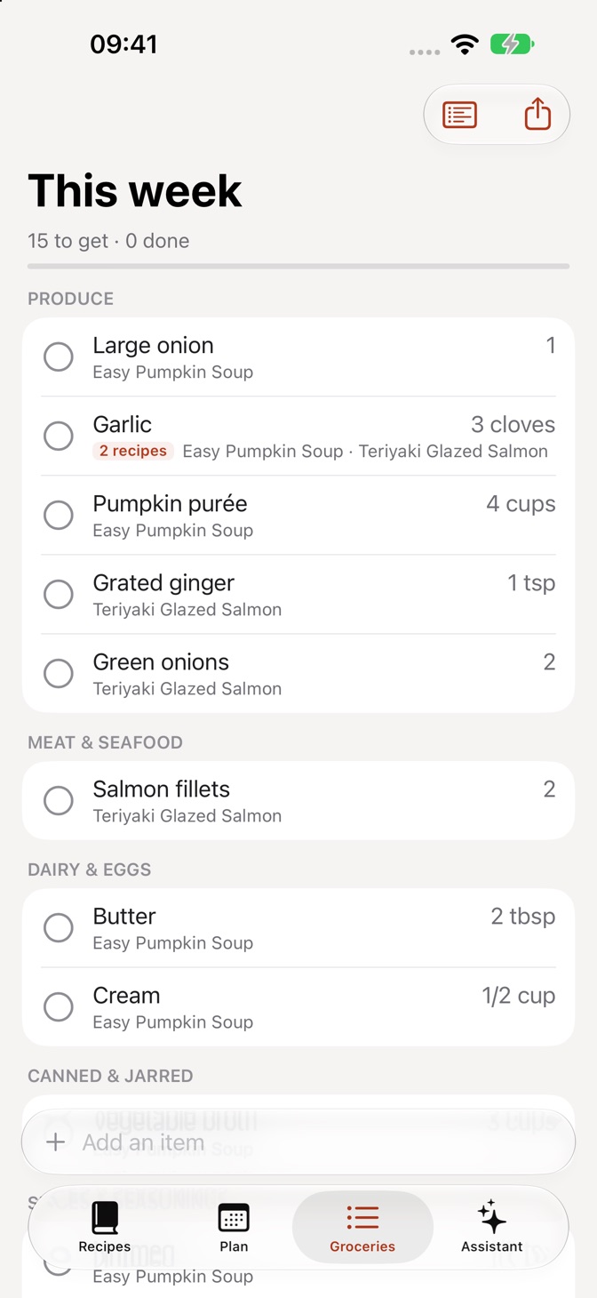 A grocery list grouped by aisle