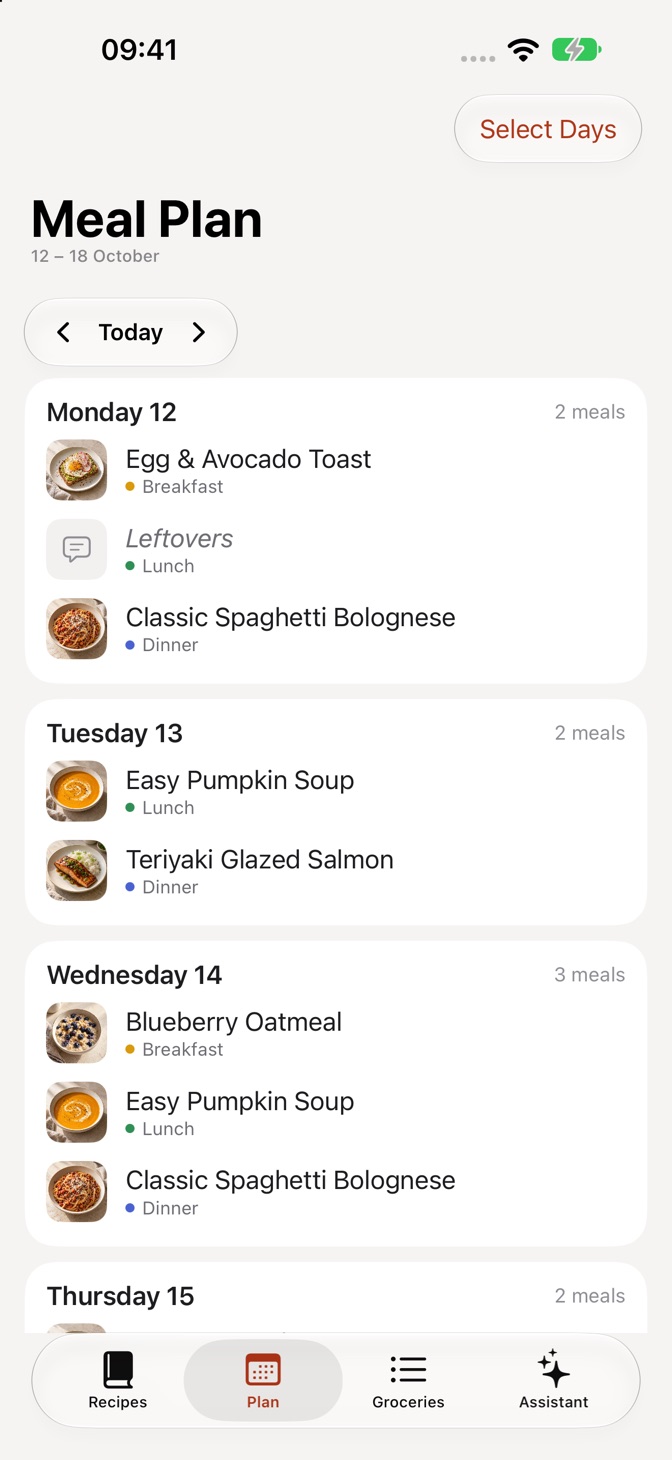 A week of meals planned in Cayenne on iPhone